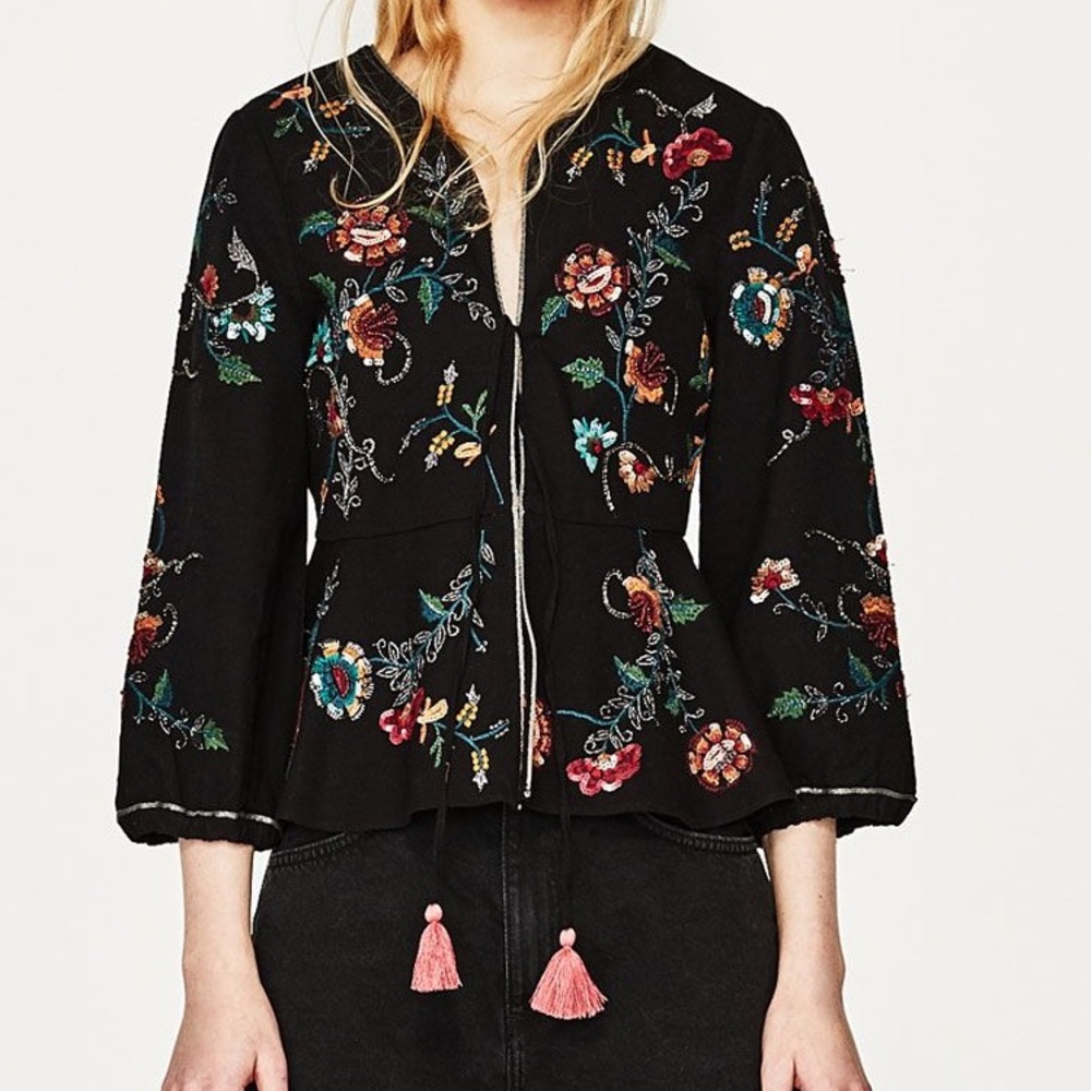 Zara Black Embroidered Floral Jacket with Multicolor Details